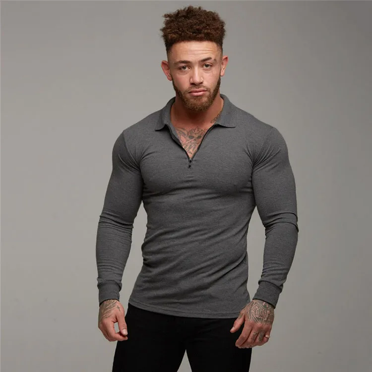 Muscular man sports polo shirts men long sleeve lapel fitness polo T-shirt 
Muscular man sports polo shirts men long sleeve lapel fitness polo T-shirt