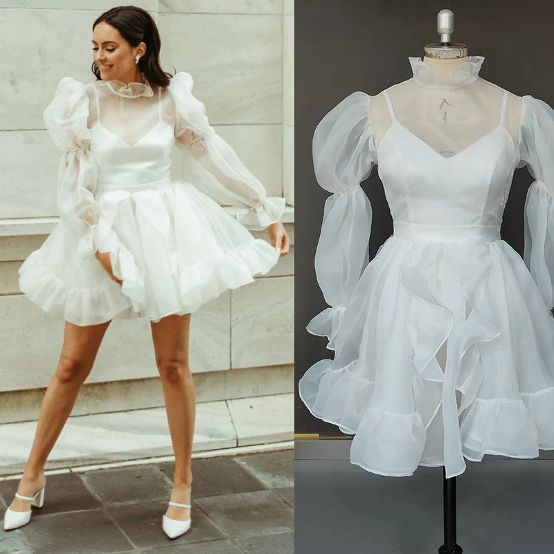8292#Real Photo Puff Sleeves Ruffle Organza Neck Chiffon Beach Illusion Mini Above Knee Length Wedding Dress Wedding Bridal Gown
8292#Real Photo Puff Sleeves Ruffle Organza Neck Chiffon Beach Illusion Mini Above Knee Length Wedding Dress Wedding Bridal Gown
