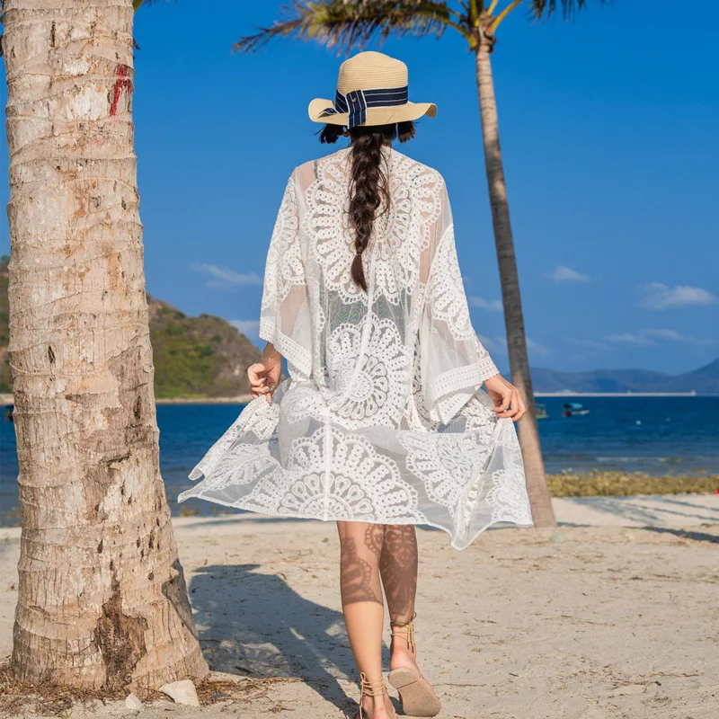 

Women Bathing Suit Swimwear Floral Crochet Cardigan Sheer Long Open Kimono Hollow Holiday Lace Beach Dress Bikini Cover Ups