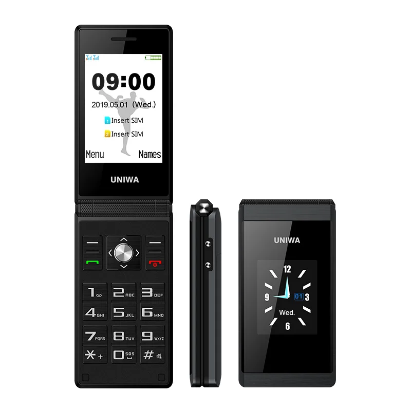 

Wholesale OEM UNIWA X28 2.8/1.77 Inch Dual Screen 1200mAh Battery Dual SIM Card SOS Function Big Button Flip Mobile Phone, Black/grey