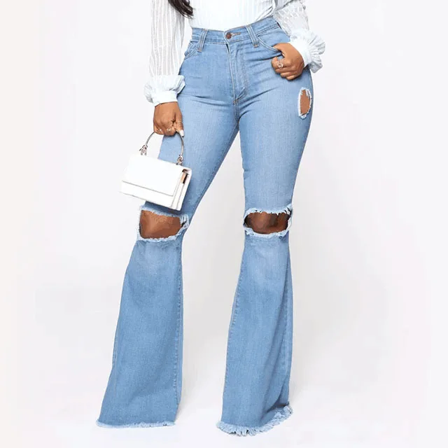 New fashion hole ripped denim flare pants wide leg women high waist bell bottoms jeans, Light blue
New fashion hole ripped denim flare pants wide leg women high waist bell bottoms jeans, Light blue