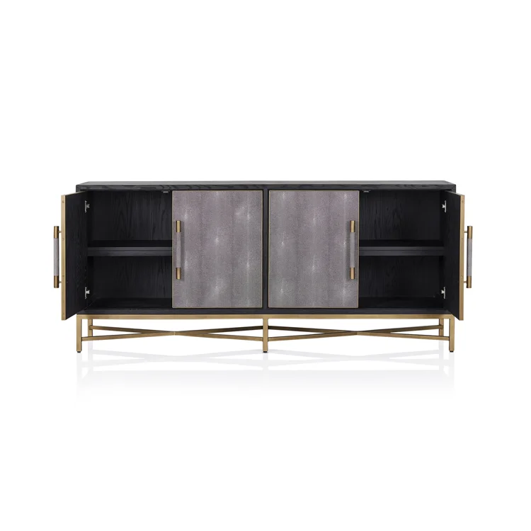 Contemporary 4 doors gold base faux shagreen leather sideboard