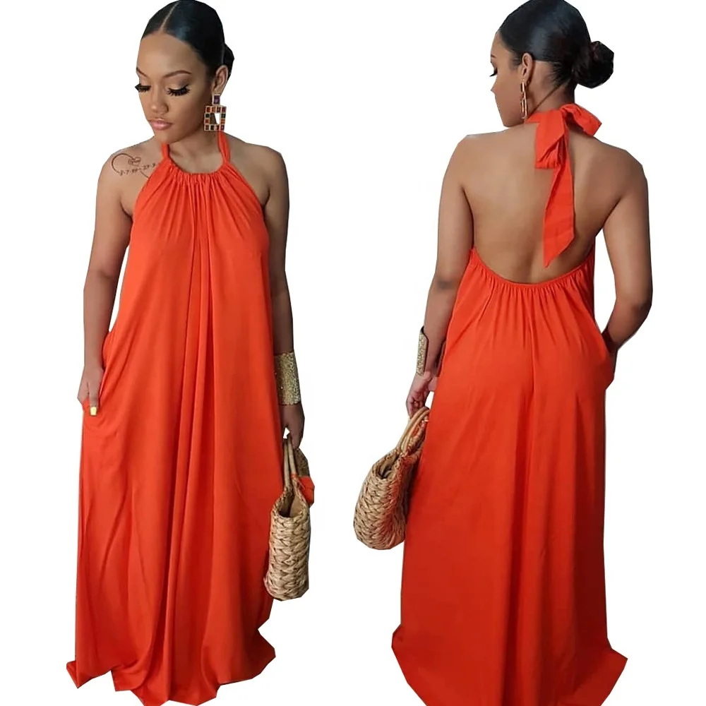 Solid Color Swing Sleeveless Backless Halter Women Sexy Casual Maxi Dress, Orange
Solid Color Swing Sleeveless Backless Halter Women Sexy Casual Maxi Dress, Orange