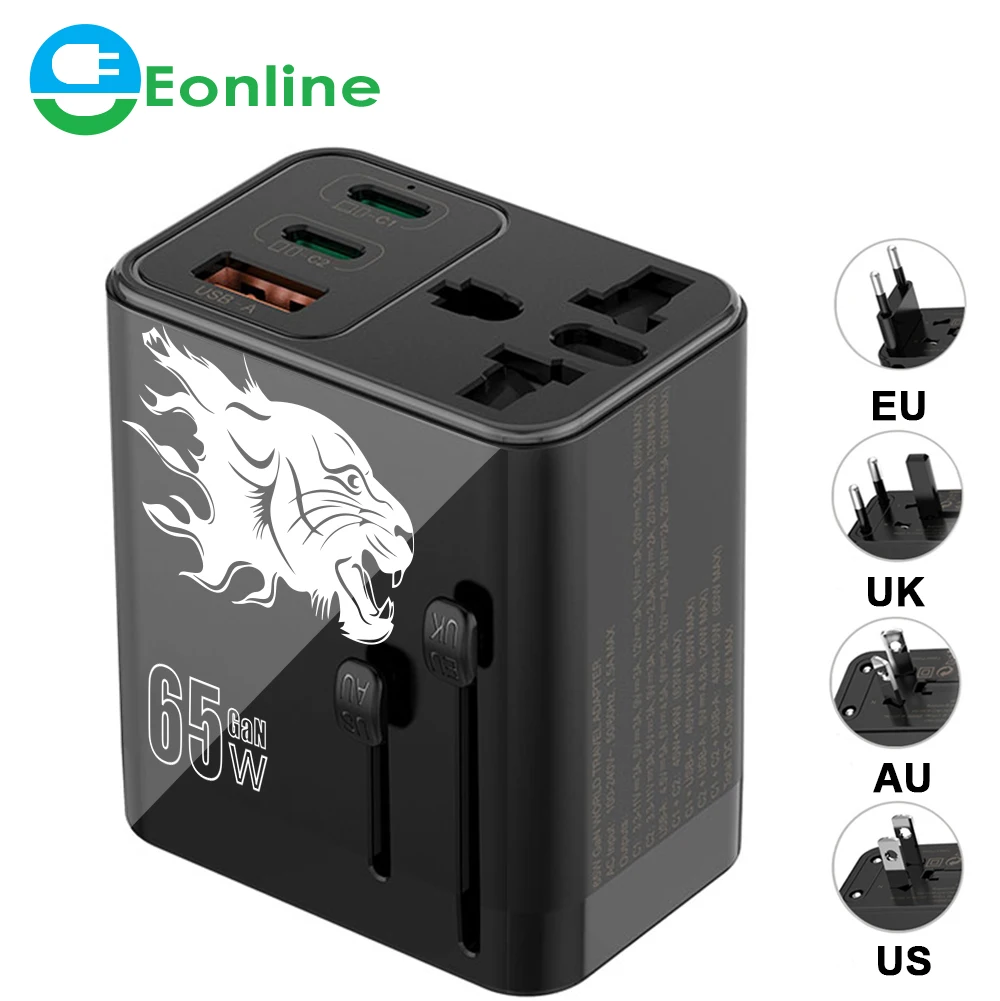 

Eonline 3D UV 3port 65W GaN Super Fast USB C Power Adapter Global Universal US EU AU UK Plug Travel Charger Head with AC Socket