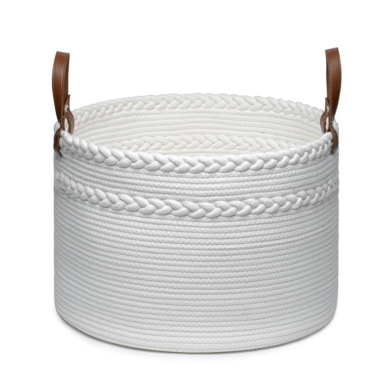Dual-Braided Decorative fashion foldable Woven Laundry Cotton Rope storage Basket with Leather Handles, Customized color
Dual-Braided Decorative fashion foldable Woven Laundry Cotton Rope storage Basket with Leather Handles, Customized color