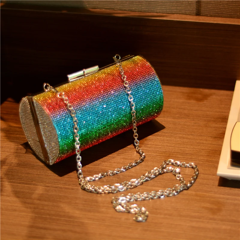 

Ladies Rhinestones Clutch Purse Shiny Cans Shaped Rainbow Diamonds Crystal Colorful Evening Shoulder Bags