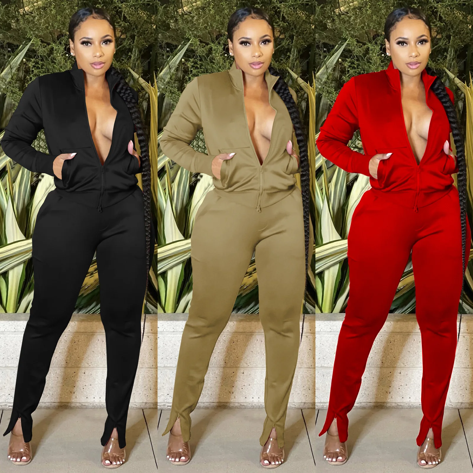 Fast Shipping R09179 - pants and top casual solid zipper long sleeve women two piece set
Fast Shipping R09179 - pants and top casual solid zipper long sleeve women two piece set