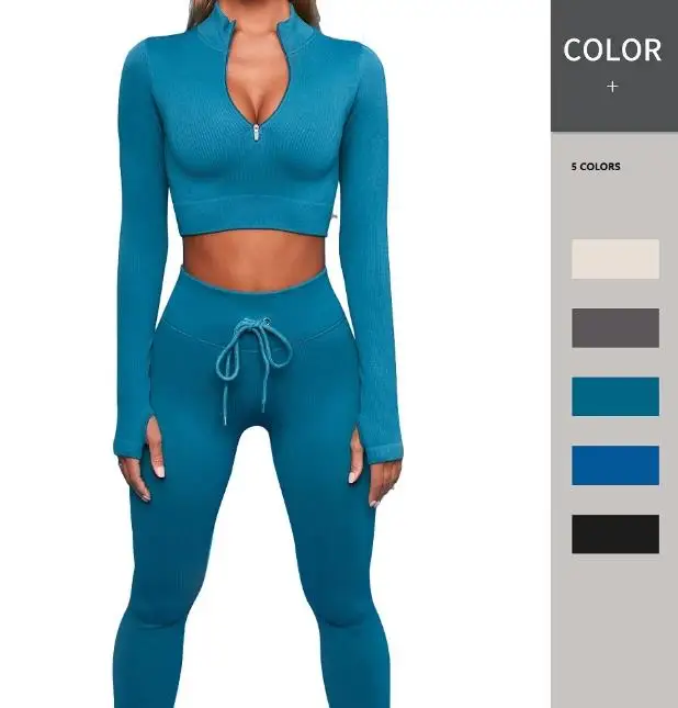 2PCS Seamless Yoga Set Zipper Long Sleeve Drawstring High Waist Leggings Ribbed Workout Clothes For Women Sportswear Women Set, Blue black white
2PCS Seamless Yoga Set Zipper Long Sleeve Drawstring High Waist Leggings Ribbed Workout Clothes For Women Sportswear Women Set, Blue black white