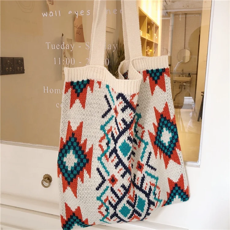 Colorful geometric rhombus crochet bags jacquard knitted tote yarn shoulder bag for lady
Colorful geometric rhombus crochet bags jacquard knitted tote yarn shoulder bag for lady