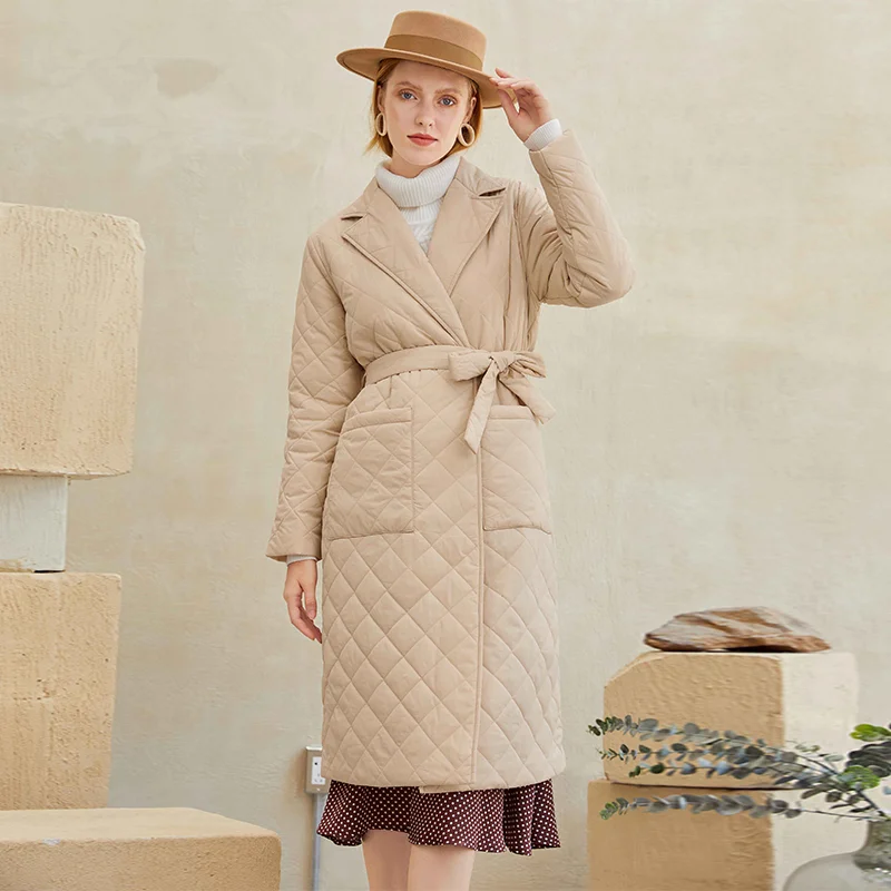 Diamond pattern long straight winter coat casual women parka with belt deep collar pockets style outerwear
Diamond pattern long straight winter coat casual women parka with belt deep collar pockets style outerwear