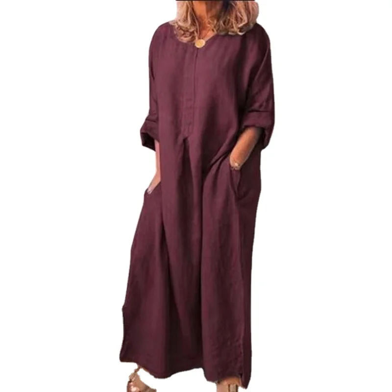 Fall hot style European and American women's cotton and linen solid color loose long-sleeved dress long
Fall hot style European and American women's cotton and linen solid color loose long-sleeved dress long