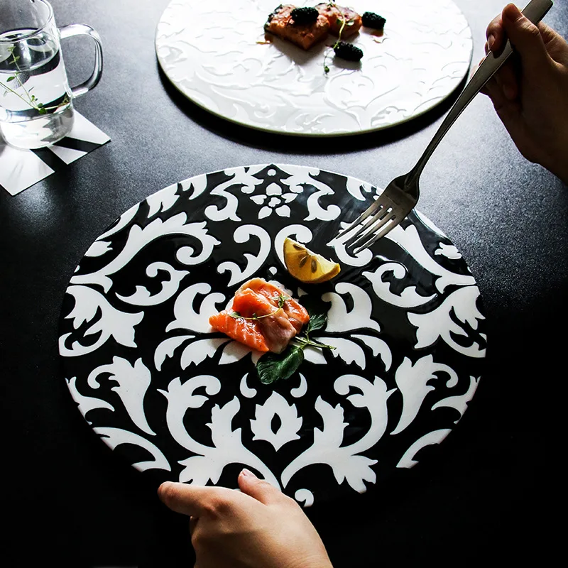 12 "flat display cake pinto hotel western restaurant European steak plate salmon plate
12 "flat display cake pinto hotel western restaurant European steak plate salmon plate