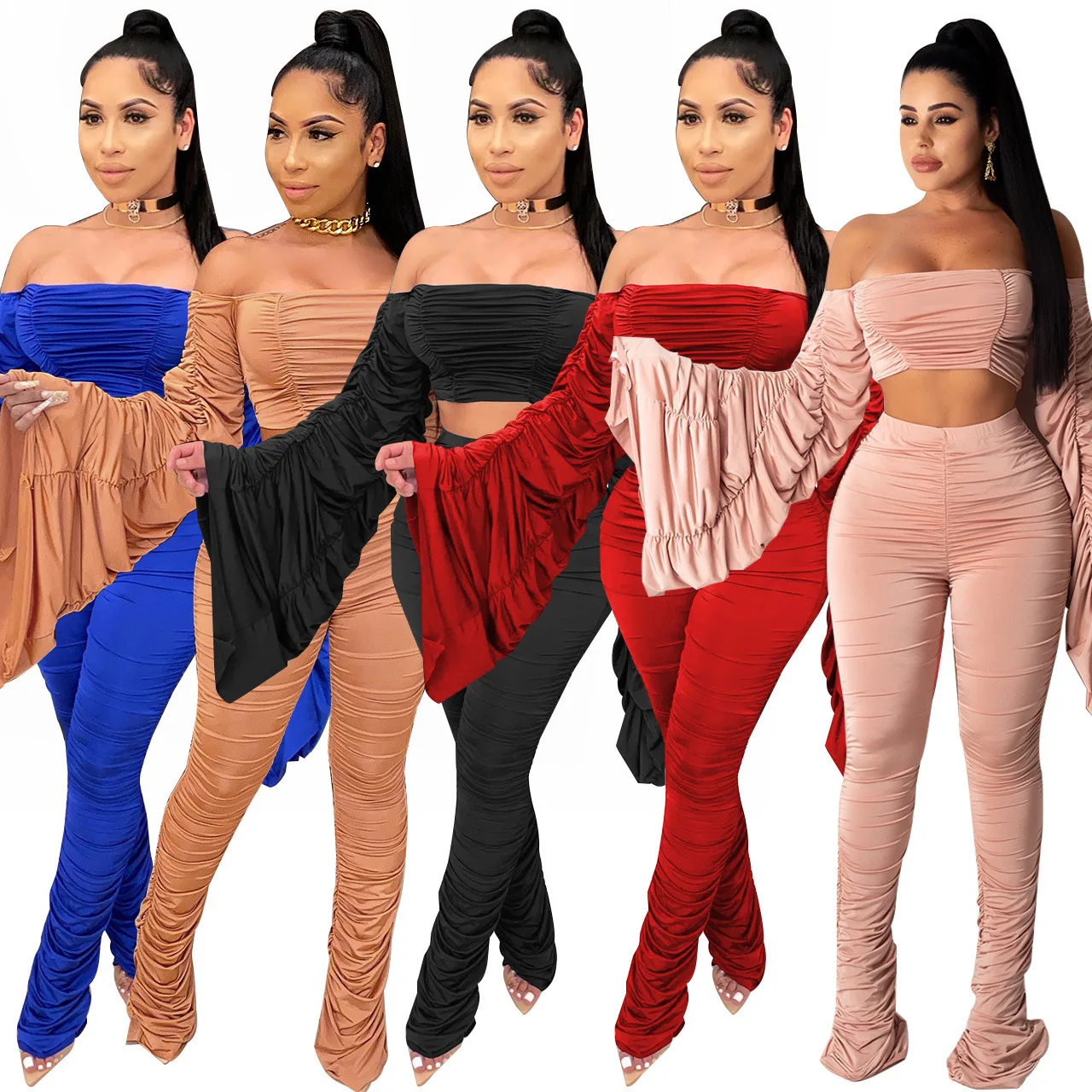 Sexy Flare Sleeve Ruched Two Piece Set Women Strapless Crop Tops And High Waist Skinny Pants Matching Set Female club party wear
Sexy Flare Sleeve Ruched Two Piece Set Women Strapless Crop Tops And High Waist Skinny Pants Matching Set Female club party wear