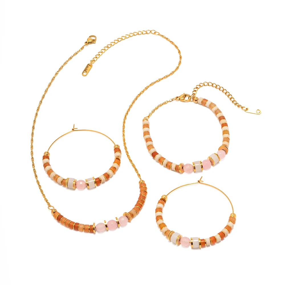 18k Gold Plated Stainless Steel Jewelry Pink Crystal Hoop Earrings Natural Stone Choker Bracelet Necklace Set
18k Gold Plated Stainless Steel Jewelry Pink Crystal Hoop Earrings Natural Stone Choker Bracelet Necklace Set