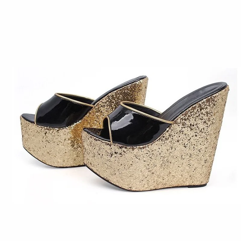 Patent leather super high wedge heel women slippers open toe PU trimmed summer fashion lady mules female glitter sandals
Patent leather super high wedge heel women slippers open toe PU trimmed summer fashion lady mules female glitter sandals