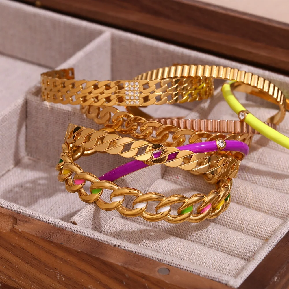 

Twisted Colorful Enamel Bangle Zircon Jewelry Gold Plated Cuff Bangle Set Stainless Steel Jewelry