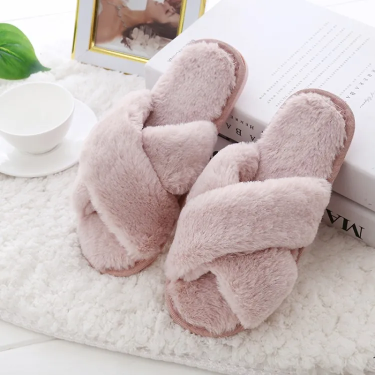 Winter Women Home Slippers with Faux Fur Fashion Warm Shoes Woman Slip on Flats Female Slides