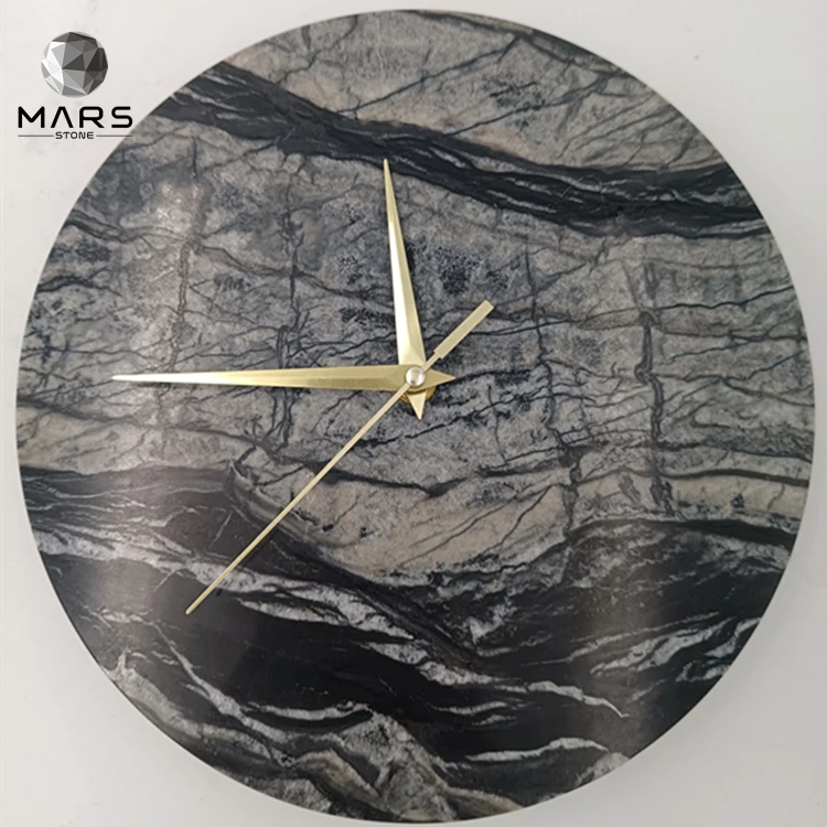

25cm Diameter Custom Size Round Shape Nature Wood Vein Marble Stone Wall Clock With Logo For Gift, Wood grey