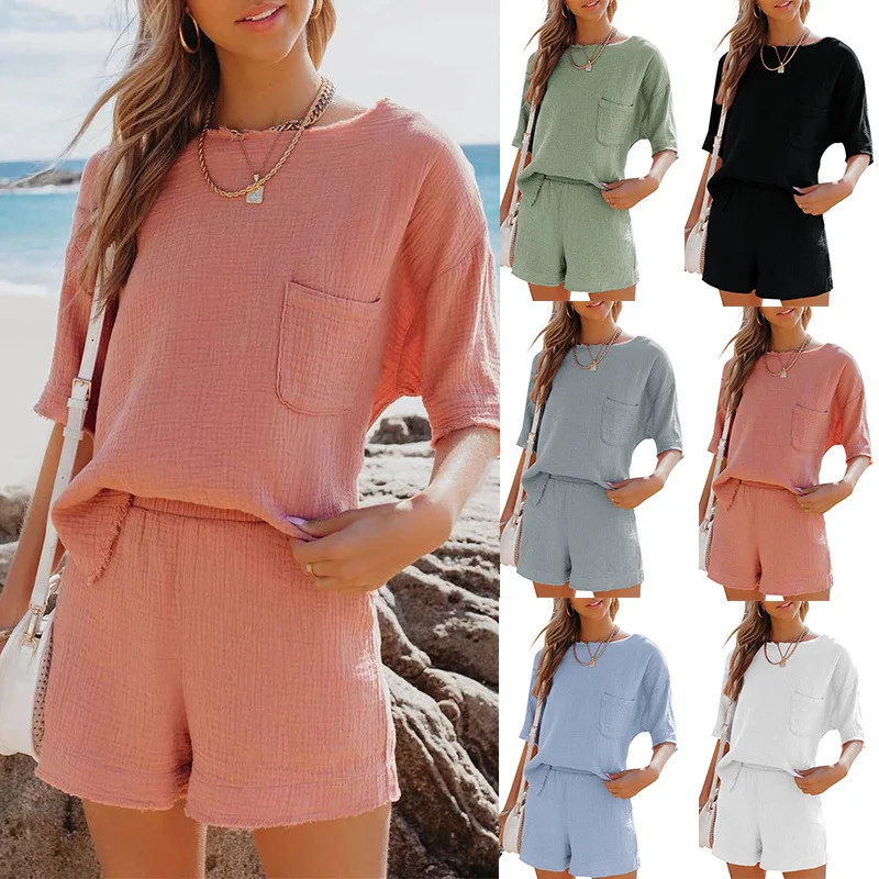 RTS soft gauze solid color short sleeve daily women clothing sets ladies casual short sets, Picture color
RTS soft gauze solid color short sleeve daily women clothing sets ladies casual short sets, Picture color
