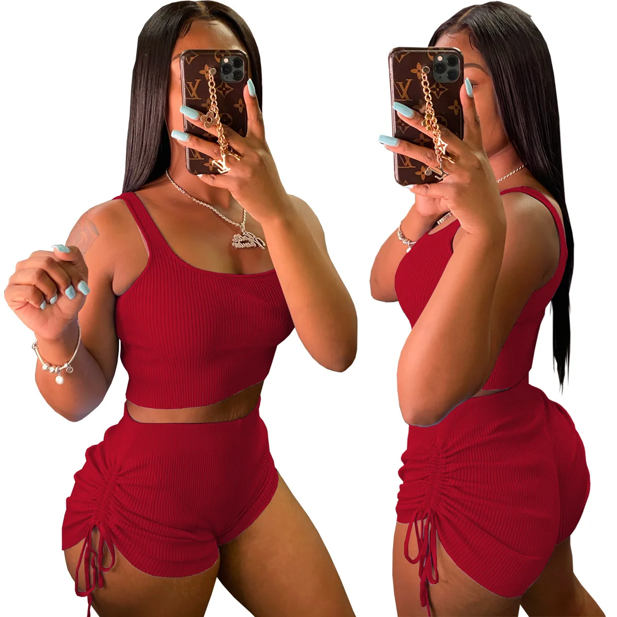 Plus size women clothing 2021 summer Eight colors summer rib knit tank top 2 piece shorts set women clothing, Picture shows
Plus size women clothing 2021 summer Eight colors summer rib knit tank top 2 piece shorts set women clothing, Picture shows