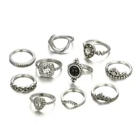

VRIUA 10pcs/set Women Bohemian Vintage Crown Wave Black Gem Star Leaf Crystal Joint Ring Party Jewelry Silver Rings Set
