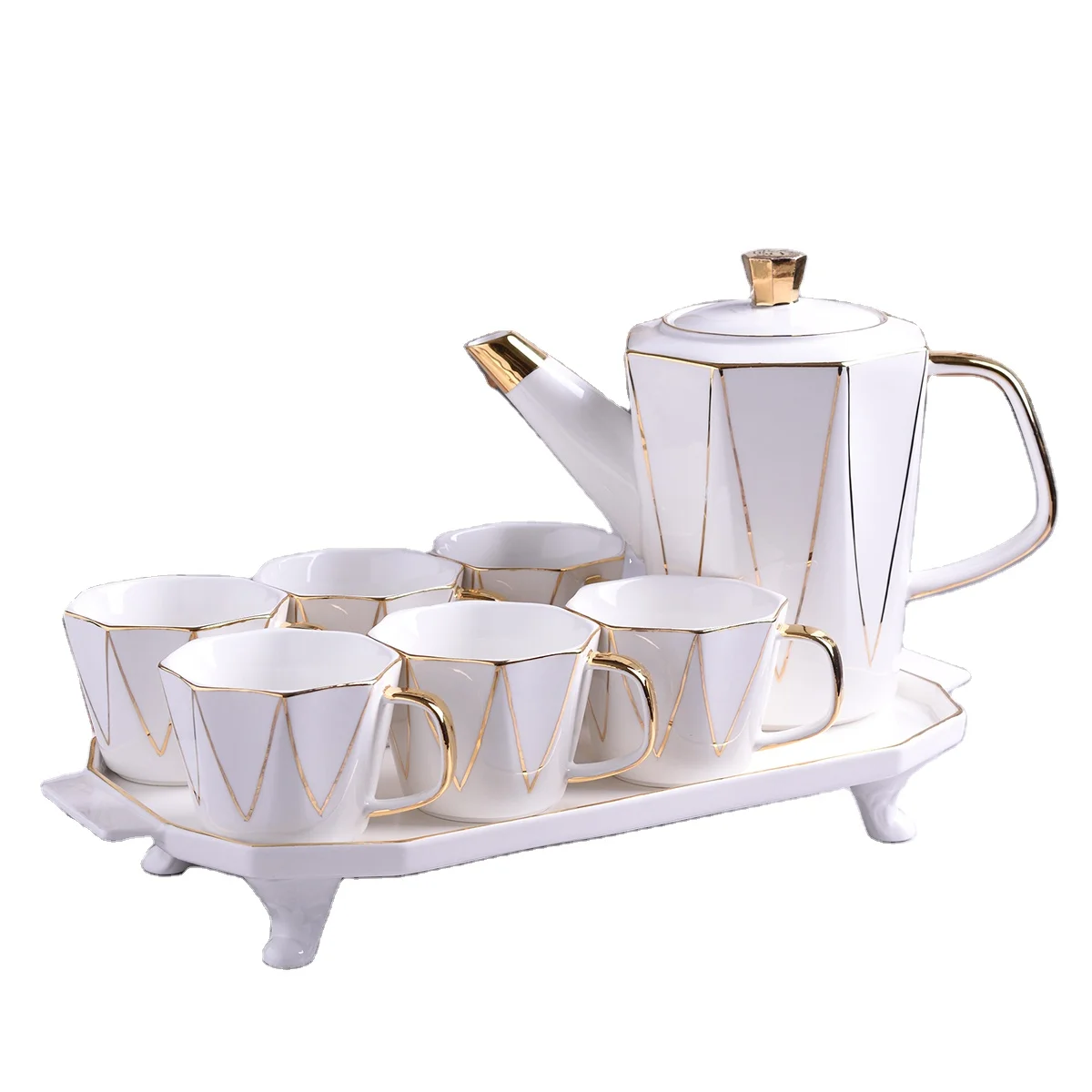 Ramadan Gift Luxury 8pcs Porcelain Coffee Tea Set with Gold Decor Ceramic Tea Pot and Cup Set Turkish tea set