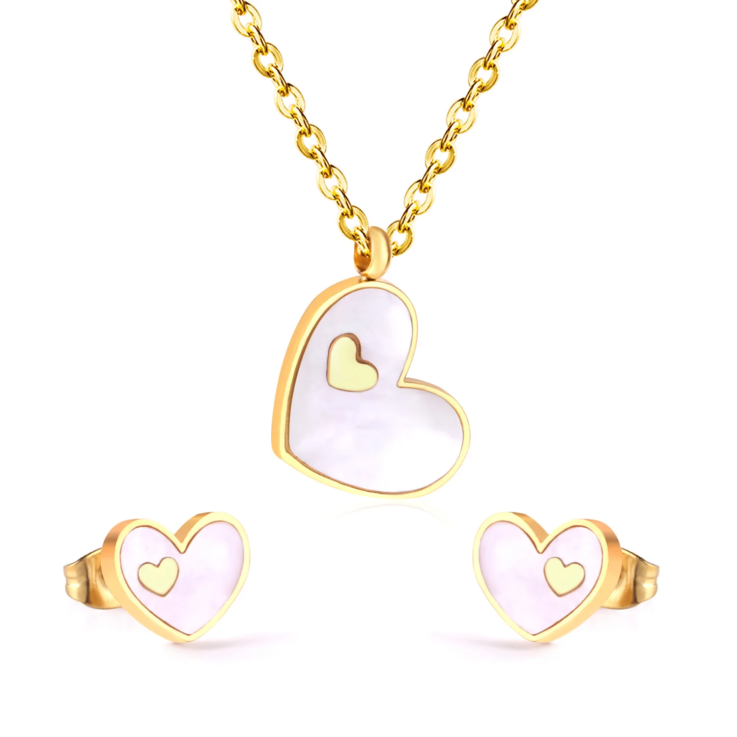Mix-colors White Shell Heart Shape Style Jewelry Set For Women High Quality Gold Stainless Steel Necklace Earring Jewelry Set
Mix-colors White Shell Heart Shape Style Jewelry Set For Women High Quality Gold Stainless Steel Necklace Earring Jewelry Set