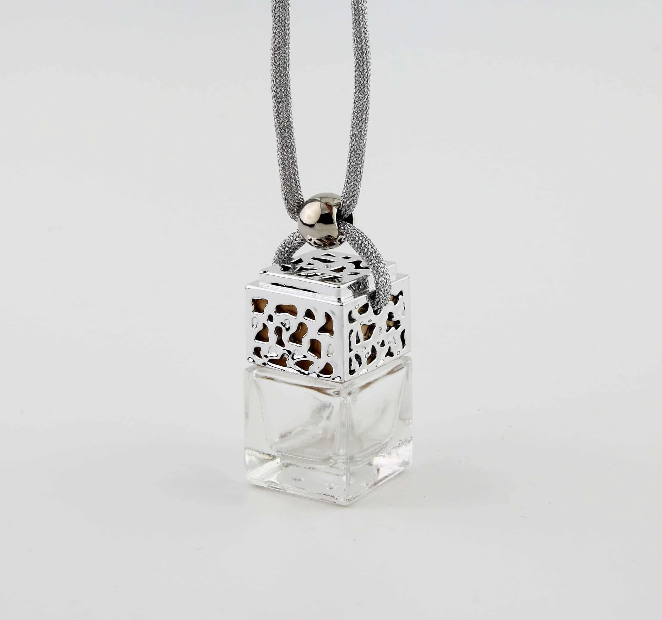 empty square glass hanging car diffuser perfume bottle
