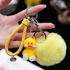 wholesale weave cute 3d doll cartoon toy pvc keychain keyring with plush ball