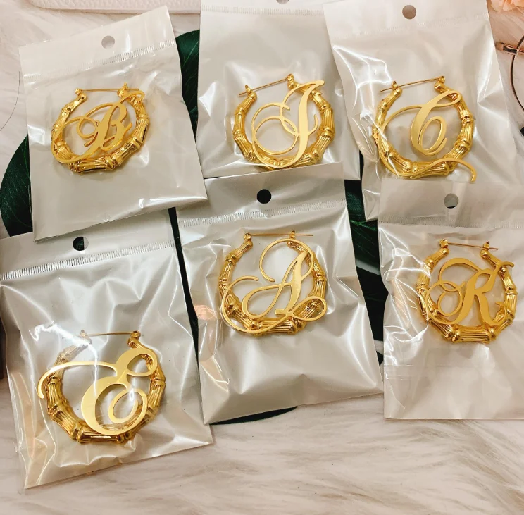 2021 new jewelry 14k gold plated custom personalized intial letters name bamboo hoop earring for women, Gold /silver
2021 new jewelry 14k gold plated custom personalized intial letters name bamboo hoop earring for women, Gold /silver
