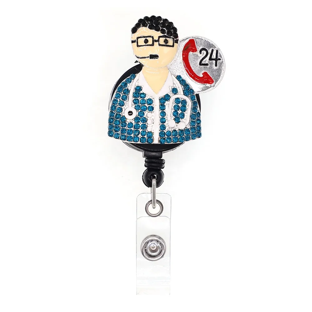 

Free Shipping Blue Rhinestone 24-hour online telephone operator Retractable Badge Holder Medical Customer service Badge Holder, Picture