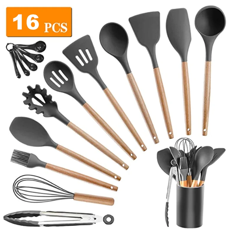 Kitchen Utensils Set Silicone Cooking Utensils Heat Resistant Kitchen Tools Wooden Handle Spoons Kitchen Utensil Set with Holder, Customized color
Kitchen Utensils Set Silicone Cooking Utensils Heat Resistant Kitchen Tools Wooden Handle Spoons Kitchen Utensil Set with Holder, Customized color