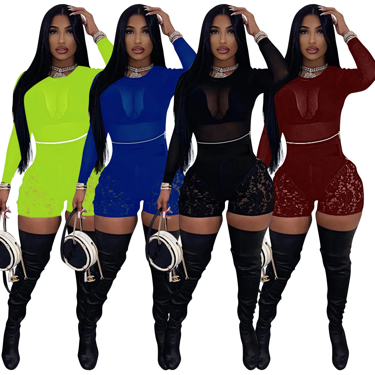 New Design 2021 Outfit Long Sleeve T Shirts And Shorts Sets See Through Mesh Sexy Lace Two Piece Sets Women, Wine red,black,fluorescence green,blue
New Design 2021 Outfit Long Sleeve T Shirts And Shorts Sets See Through Mesh Sexy Lace Two Piece Sets Women, Wine red,black,fluorescence green,blue