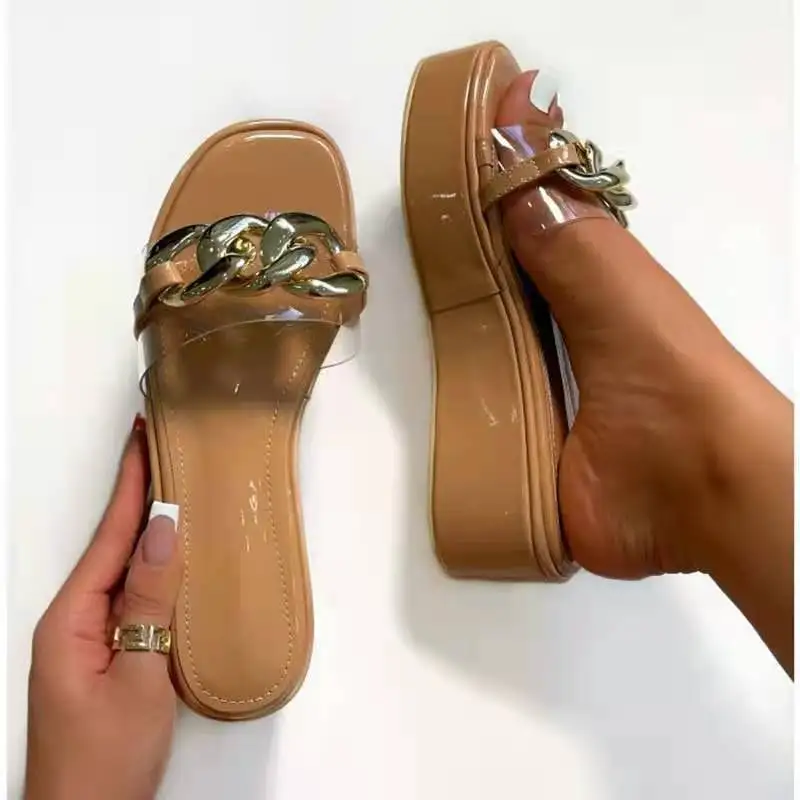 Wholesale 2021 summer metal chain decoration sandals thick bottom outdoor slippers light-weight anti-slip women's slippers, Customized color
Wholesale 2021 summer metal chain decoration sandals thick bottom outdoor slippers light-weight anti-slip women's slippers, Customized color
