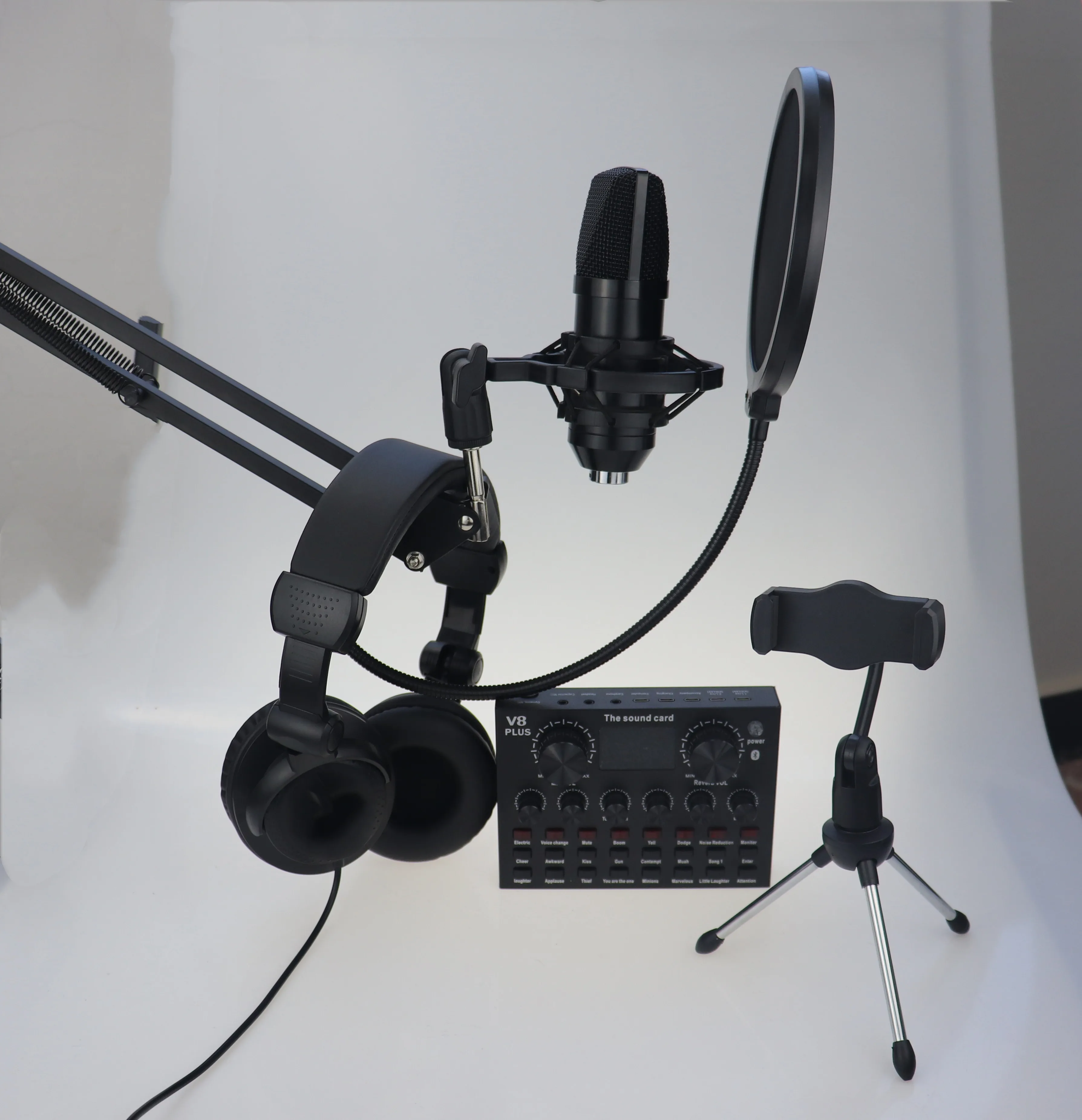 live stream audio pack External v8 sound card With Microphone arm stand pop filter Headphone, Black
live stream audio pack External v8 sound card With Microphone arm stand pop filter Headphone, Black