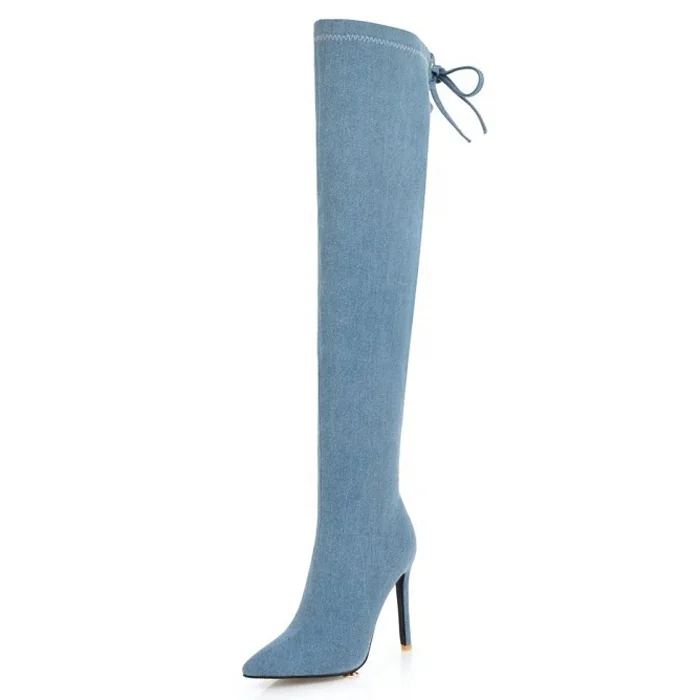 Solid High Heel Thigh High Denim Boots Women Lace up Zipper Over The Knee High Winter Women Shoes Super Long Boots, Lightblue blue black
Solid High Heel Thigh High Denim Boots Women Lace up Zipper Over The Knee High Winter Women Shoes Super Long Boots, Lightblue blue black