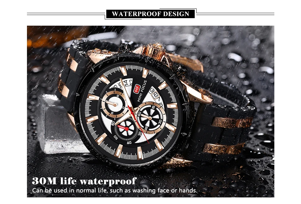 Mini Focus 0273G Men Quartz Calendar Luminous Watche Silicone Band
