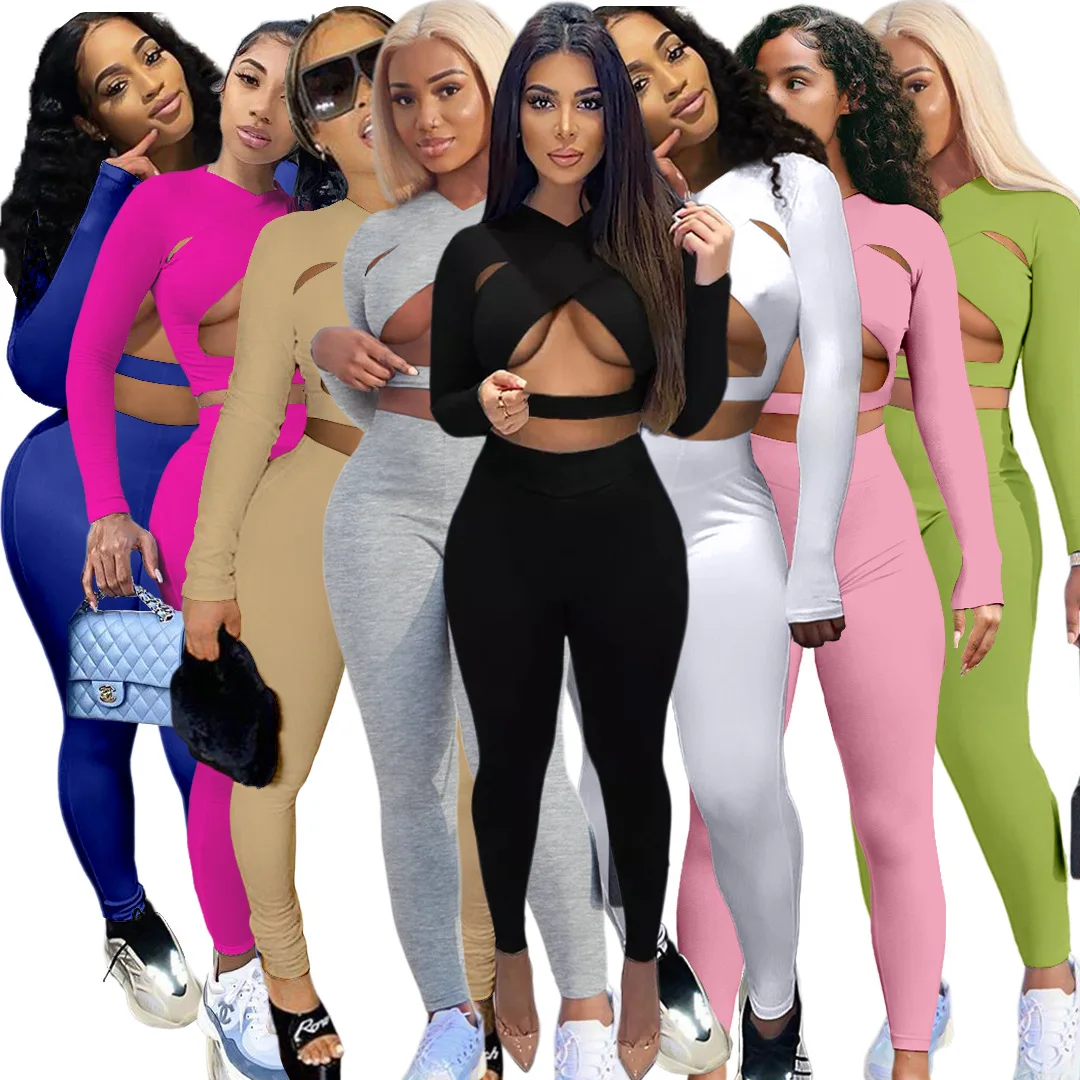 2021 sexy fall fashion women solid color cross hollow out long sleeve sport yoga fitness bodycon 2 two piece long trousers set
2021 sexy fall fashion women solid color cross hollow out long sleeve sport yoga fitness bodycon 2 two piece long trousers set