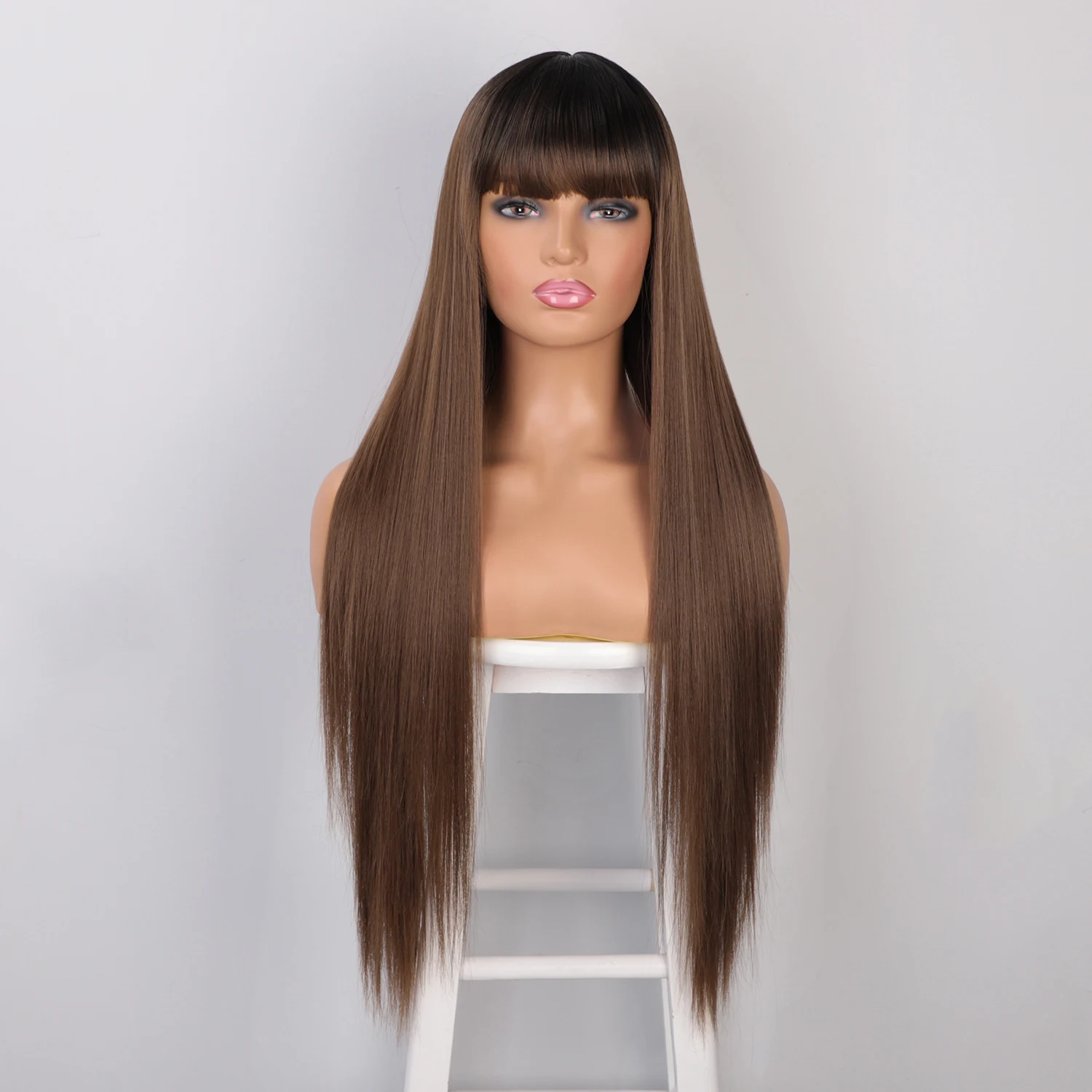 

Aisi Hair Vendor Cheap Wholesale Long Silky Straight Natural Wave Ombre Brown Wig With Bangs For Black Women Synthetic Hair Wigs