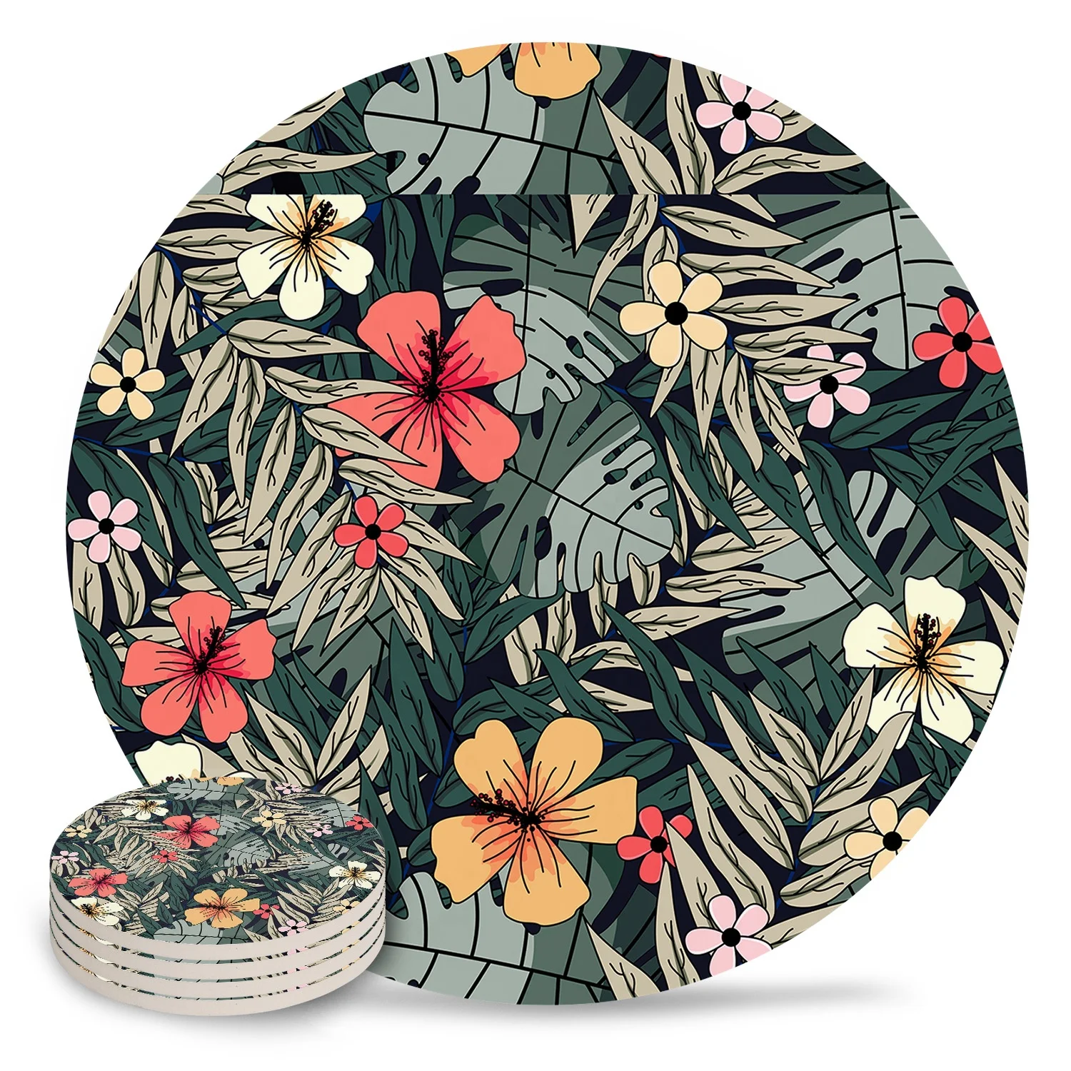 Tropical leaf and flower printing kitchen table round coaster 4pcs strong absorbent creamic coaster set for kinds of Cups
Tropical leaf and flower printing kitchen table round coaster 4pcs strong absorbent creamic coaster set for kinds of Cups