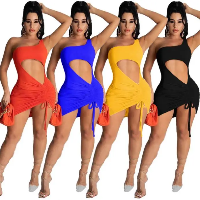 2021 summer solid color one shoulder hollow out drawstring bodycon mini dresses women
2021 summer solid color one shoulder hollow out drawstring bodycon mini dresses women