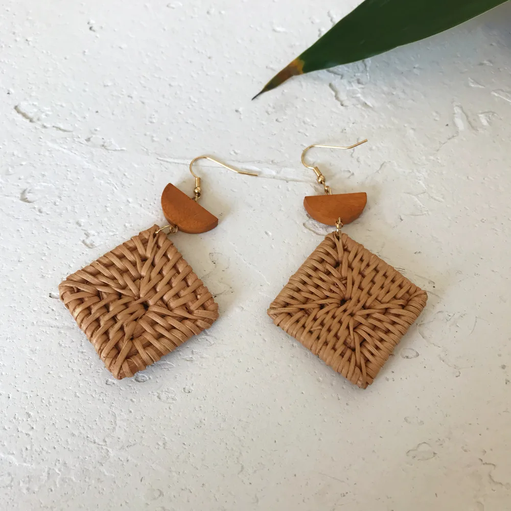 Best Selling Hand Made Bamboo Rattan Braided Drop Earrings Vintage Wooden Rattan Braided Square Statement Earrings For Girls 
Best Selling Hand Made Bamboo Rattan Braided Drop Earrings Vintage Wooden Rattan Braided Square Statement Earrings For Girls