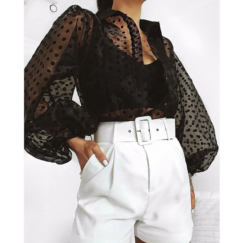 Women Polka Dot Retro Blouse Lady Early Autumn Modern Mesh Shirt See-through Loose Button Puff Sleeve Blouse High Street
Women Polka Dot Retro Blouse Lady Early Autumn Modern Mesh Shirt See-through Loose Button Puff Sleeve Blouse High Street