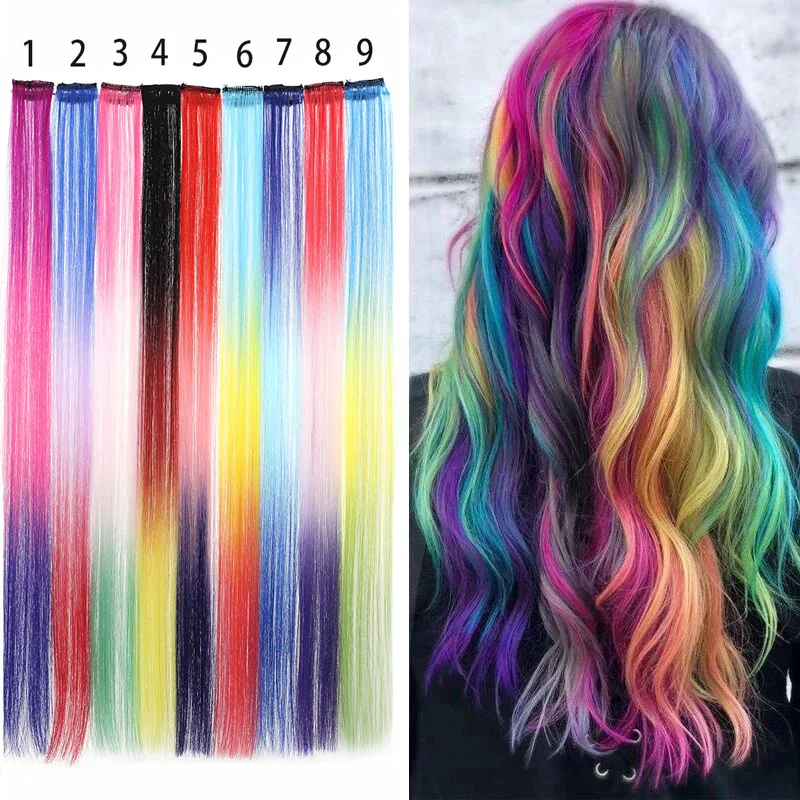 

New Fashion 18" Synthetic Sparkle Glitter Twinkle Colorful Hair Dazzle Tinsel Clip in Hair Extensions for Party, Per color two three four tone color more than 55 color