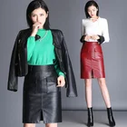 Custom wholesale women's black/Red Knee-Length sexy pu leather skirts for office wear with Pockets