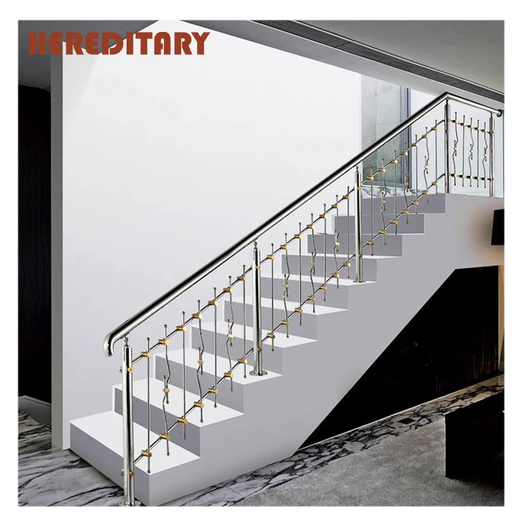 Grand gold color vertical and horizontal steel pipe stair handrail