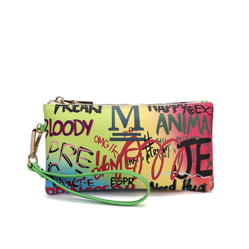 

New Small cell Phone pouch Purse Letter graffiti printing Handbag Vegan Leather Wristlet Wallet Clutch Bag for Women, Customized