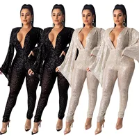 women Sequin jumpsuits long wide sleeve sexy bodycon reflective black jumpsuit FM-NK079 
women Sequin jumpsuits long wide sleeve sexy bodycon reflective black jumpsuit FM-NK079