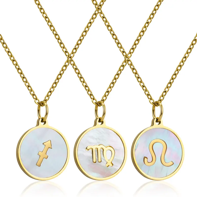 New Design Stainless steel jewelry stock 12 Zodiac Signs Pendants Golden Necklace with white mix shell necklace
New Design Stainless steel jewelry stock 12 Zodiac Signs Pendants Golden Necklace with white mix shell necklace