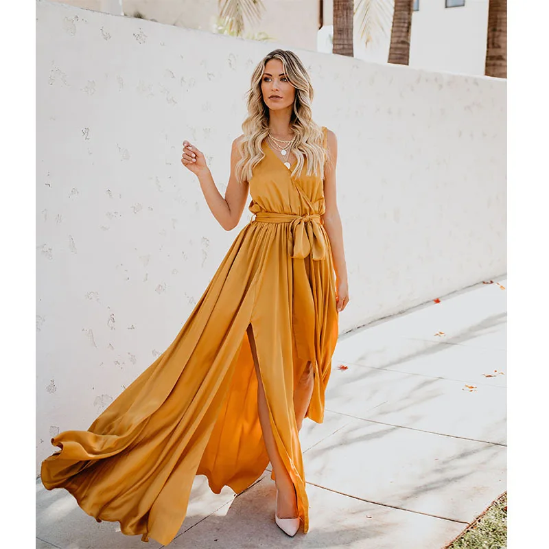 New style women's 2020 summer Bohemian solid V neck sleeveless high slit big swing long dress
New style women's 2020 summer Bohemian solid V neck sleeveless high slit big swing long dress